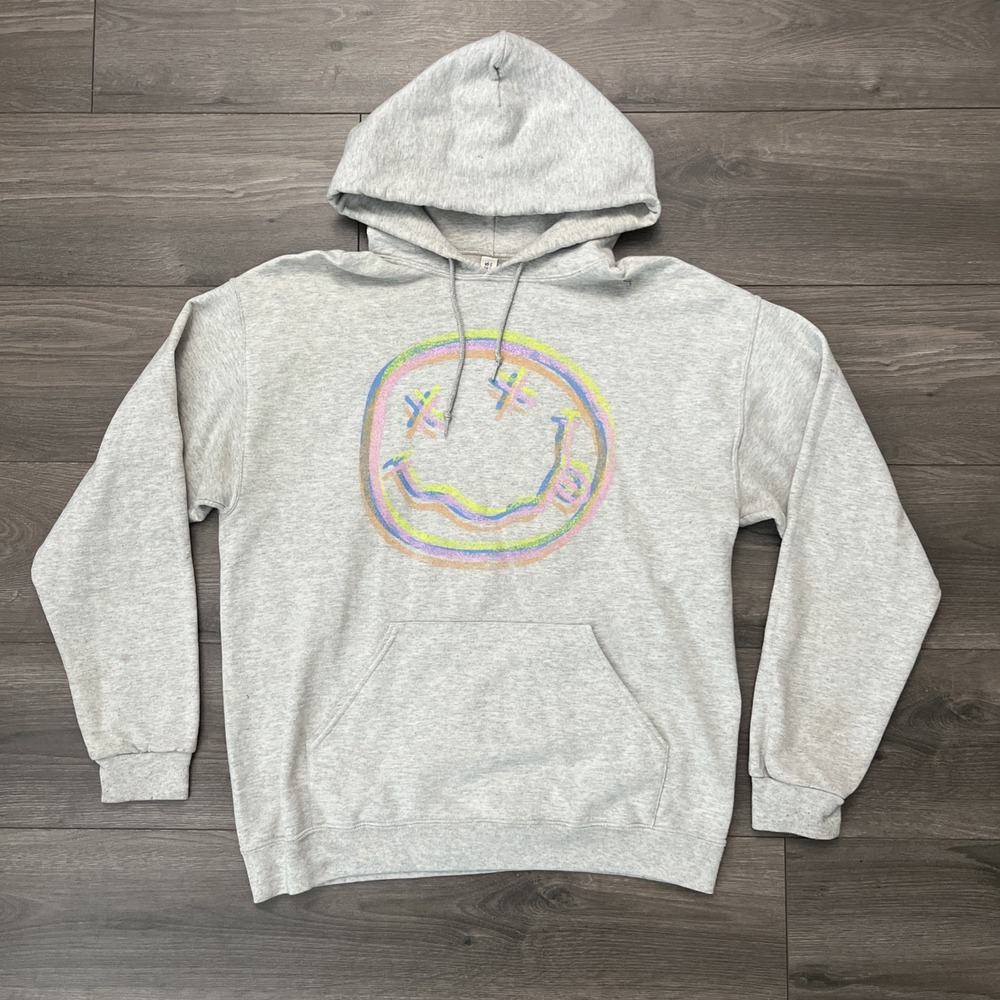 Nirvana Mens L Pullover Hoodie Sweatshirt Gray Nevermind Smiley